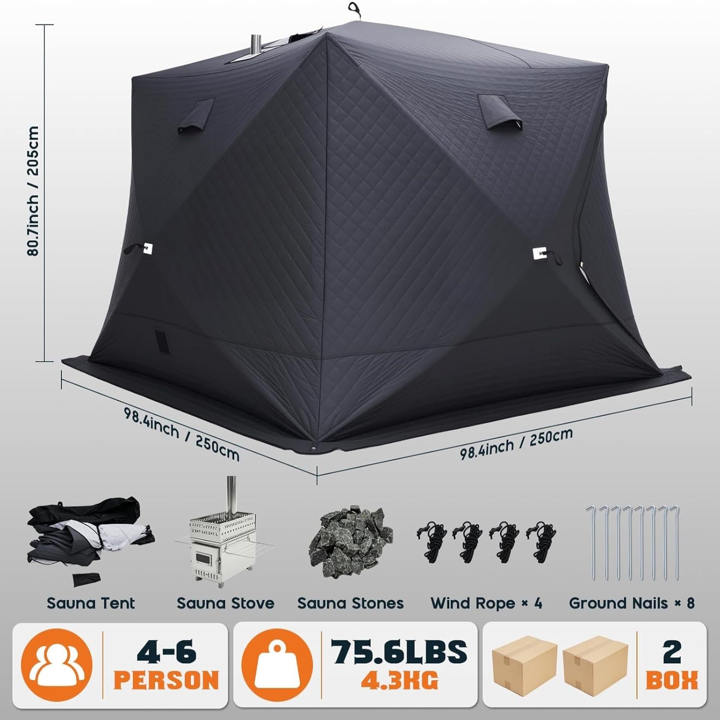 Outdoor Sauna Tent with Wood Burning Stove, 4-6 Person Portable Sauna Tent, 8.2 X 8.2 X 6.7 FT, 3-Layer Thermal Oxford Fabric, Pop-Up Setup, Open-View Windows, Ground Nails & Wind Ropes, Grey
