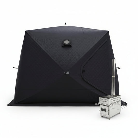 Outdoor Sauna Tent with Wood Burning Stove, 4-6 Person Portable Sauna Tent, 8.2 X 8.2 X 6.7 FT, 3-Layer Thermal Oxford Fabric, Pop-Up Setup, Open-View Windows, Ground Nails & Wind Ropes, Grey