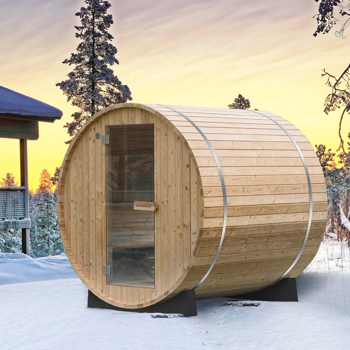 Woodbridge 2-Person Luxury Finland Thermo Pine Outdoor Barrel Sauna with Half View Window,Harvia Electric Heater with Sauna Stone, Sauna Accessories Kit and Asphalt Shingle Roof, 4'X6', OBS1812