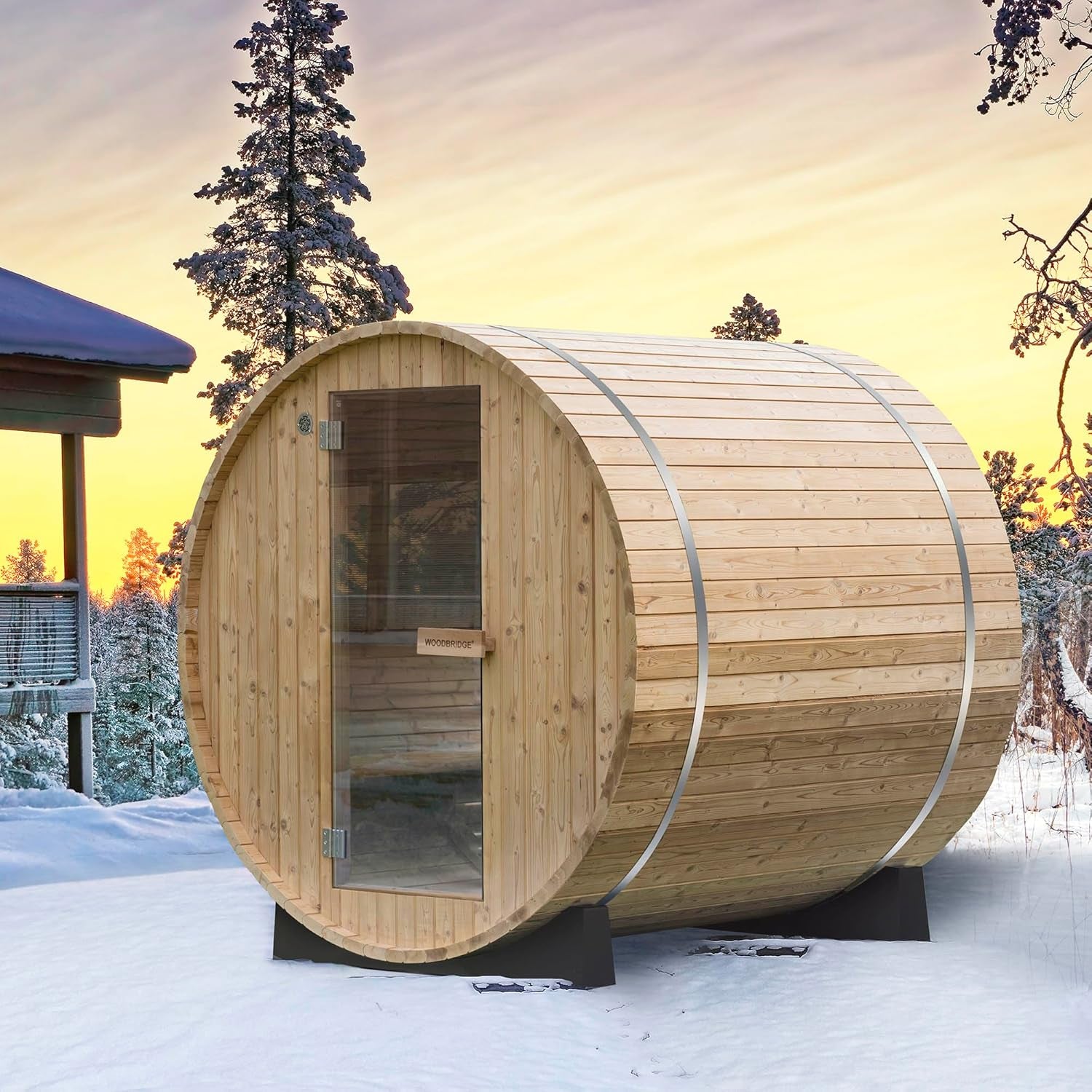 Woodbridge 2-Person Luxury Finland Thermo Pine Outdoor Barrel Sauna with Half View Window,Harvia Electric Heater with Sauna Stone, Sauna Accessories Kit and Asphalt Shingle Roof, 4'X6', OBS1812