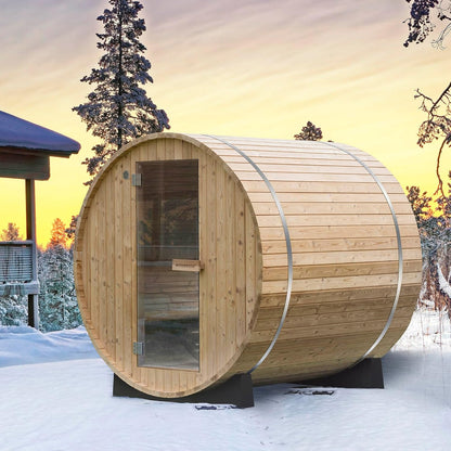 Woodbridge 2-Person Luxury Finland Thermo Pine Outdoor Barrel Sauna with Half View Window,Harvia Electric Heater with Sauna Stone, Sauna Accessories Kit and Asphalt Shingle Roof, 4'X6', OBS1812