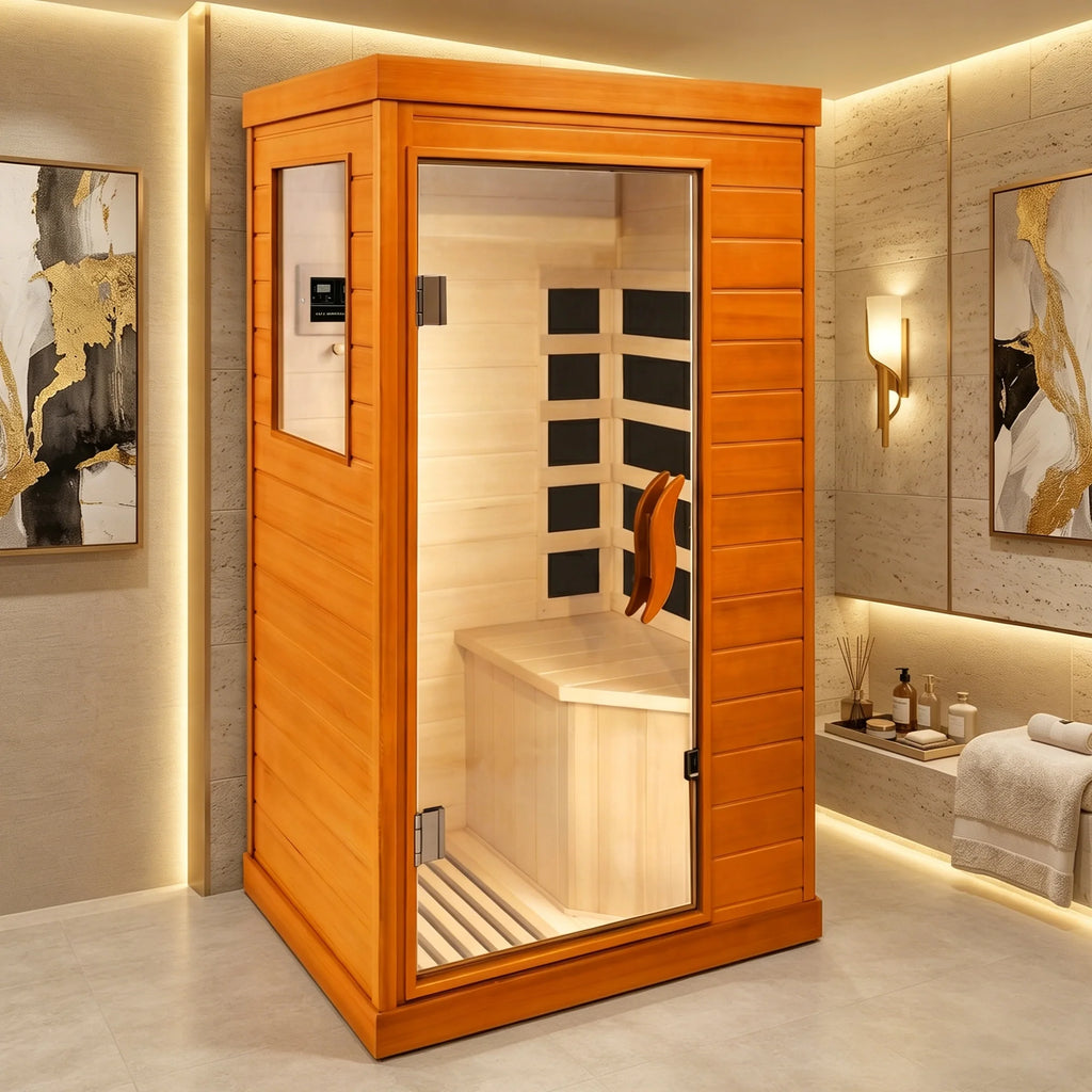 1 Person Far Infrared Sauna for Home, 800W Indoor Personal Sauna with 5 Heating Panels, Bluetooth Speaker, Tempered Glass Door, Control Panel, 110V UL Power Cord (Red-Brown)