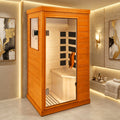 1 Person Far Infrared Sauna for Home, 800W Indoor Personal Sauna with 5 Heating Panels, Bluetooth Speaker, Tempered Glass Door, Control Panel, 110V UL Power Cord (Red-Brown)