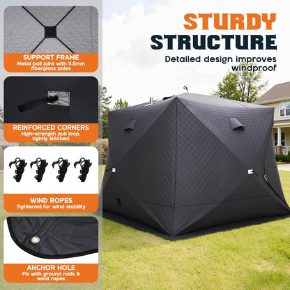 Outdoor Sauna Tent with Wood Burning Stove, 4-6 Person Portable Sauna Tent, 8.2 X 8.2 X 6.7 FT, 3-Layer Thermal Oxford Fabric, Pop-Up Setup, Open-View Windows, Ground Nails & Wind Ropes, Grey