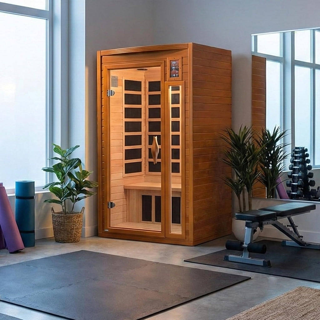 DYNAMIC SAUNAS Barcelona 1- to 2-Person Low EMF FAR Infrared Sauna with Red Light Therapy & Bluetooth Speakers | Personal Indoor Dry Heat Sauna for Home & Gym – Made from Canadian Hemlock