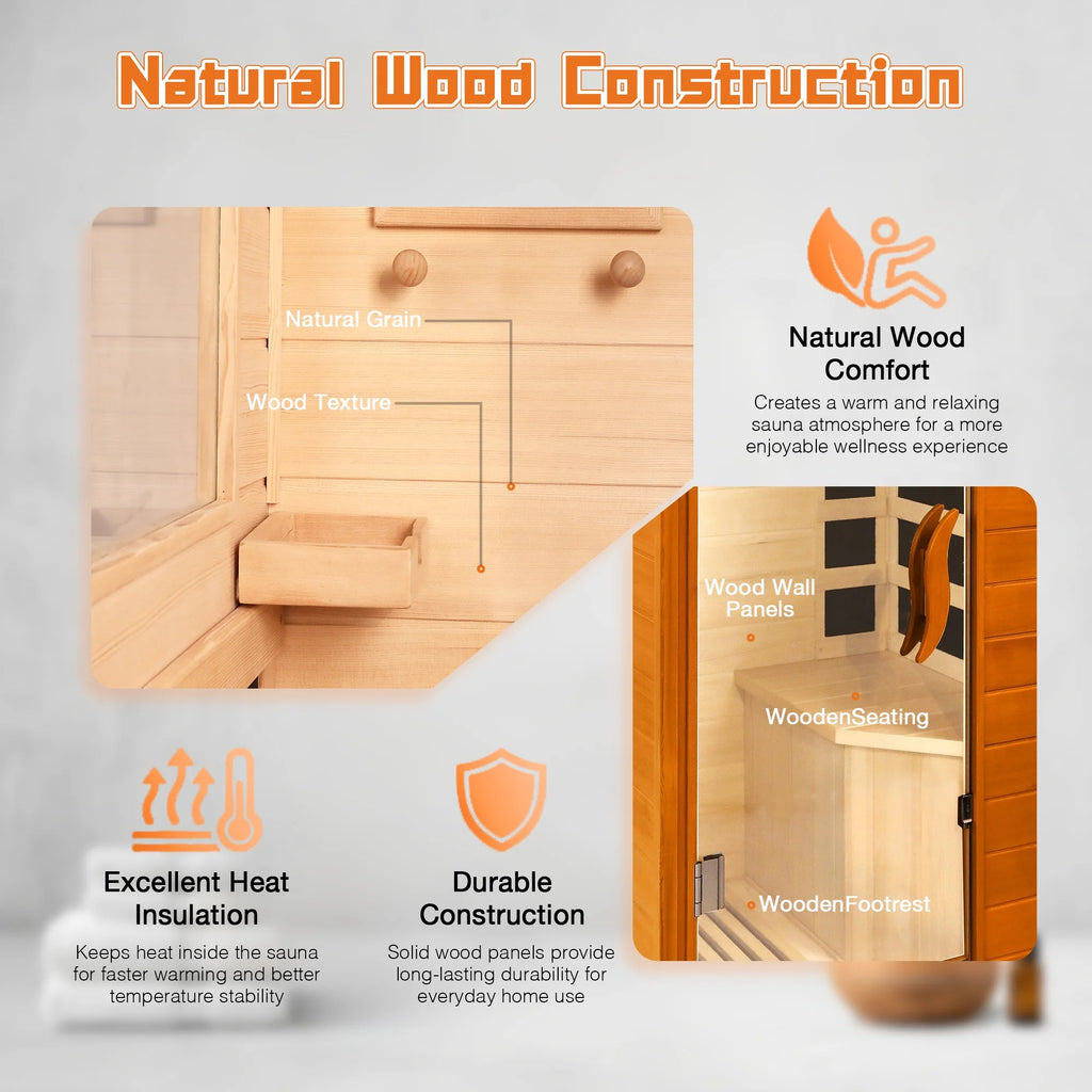 1 Person Far Infrared Sauna for Home, 800W Indoor Personal Sauna with 5 Heating Panels, Bluetooth Speaker, Tempered Glass Door, Control Panel, 110V UL Power Cord (Red-Brown)