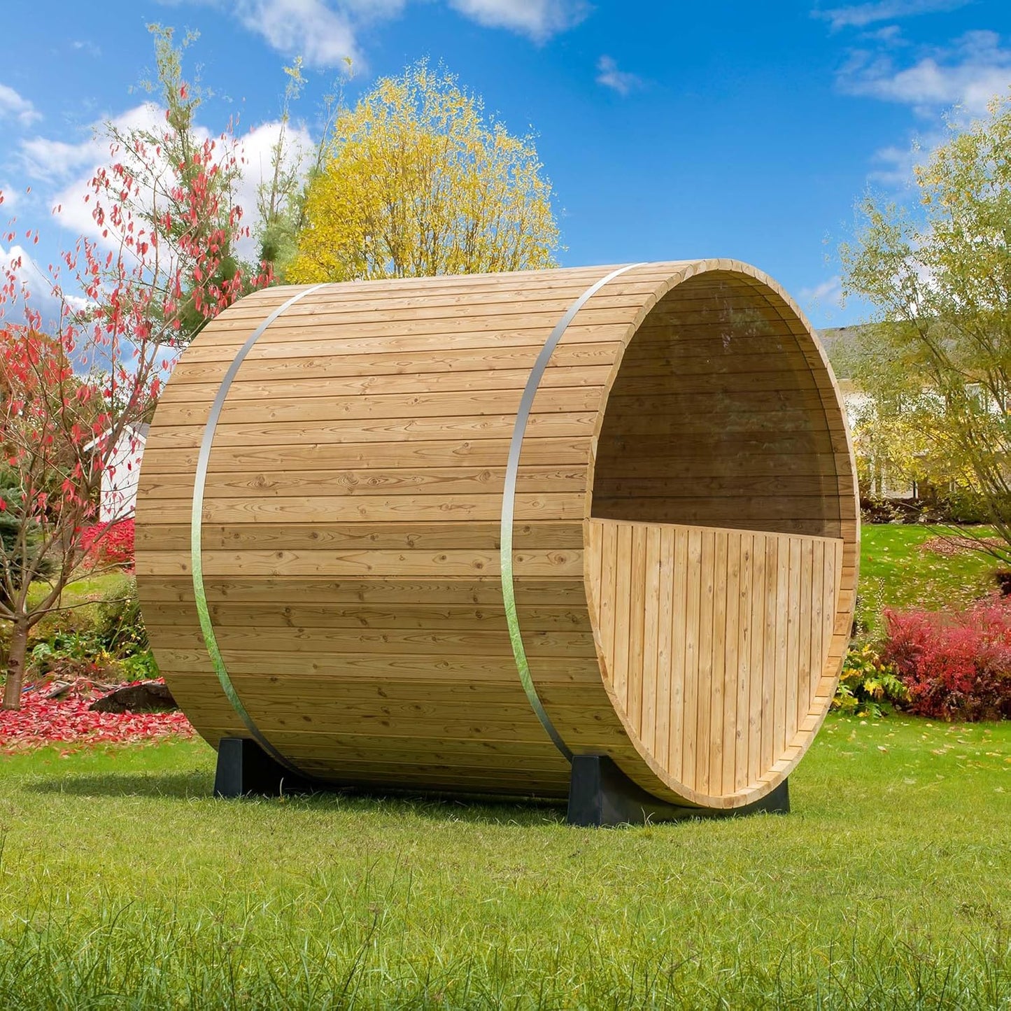 Woodbridge 2-Person Luxury Finland Thermo Pine Outdoor Barrel Sauna with Half View Window,Harvia Electric Heater with Sauna Stone, Sauna Accessories Kit and Asphalt Shingle Roof, 4'X6', OBS1812