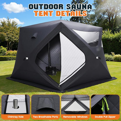 Outdoor Sauna Tent with Wood Burning Stove, 4-6 Person Portable Sauna Tent, 8.2 X 8.2 X 6.7 FT, 3-Layer Thermal Oxford Fabric, Pop-Up Setup, Open-View Windows, Ground Nails & Wind Ropes, Grey
