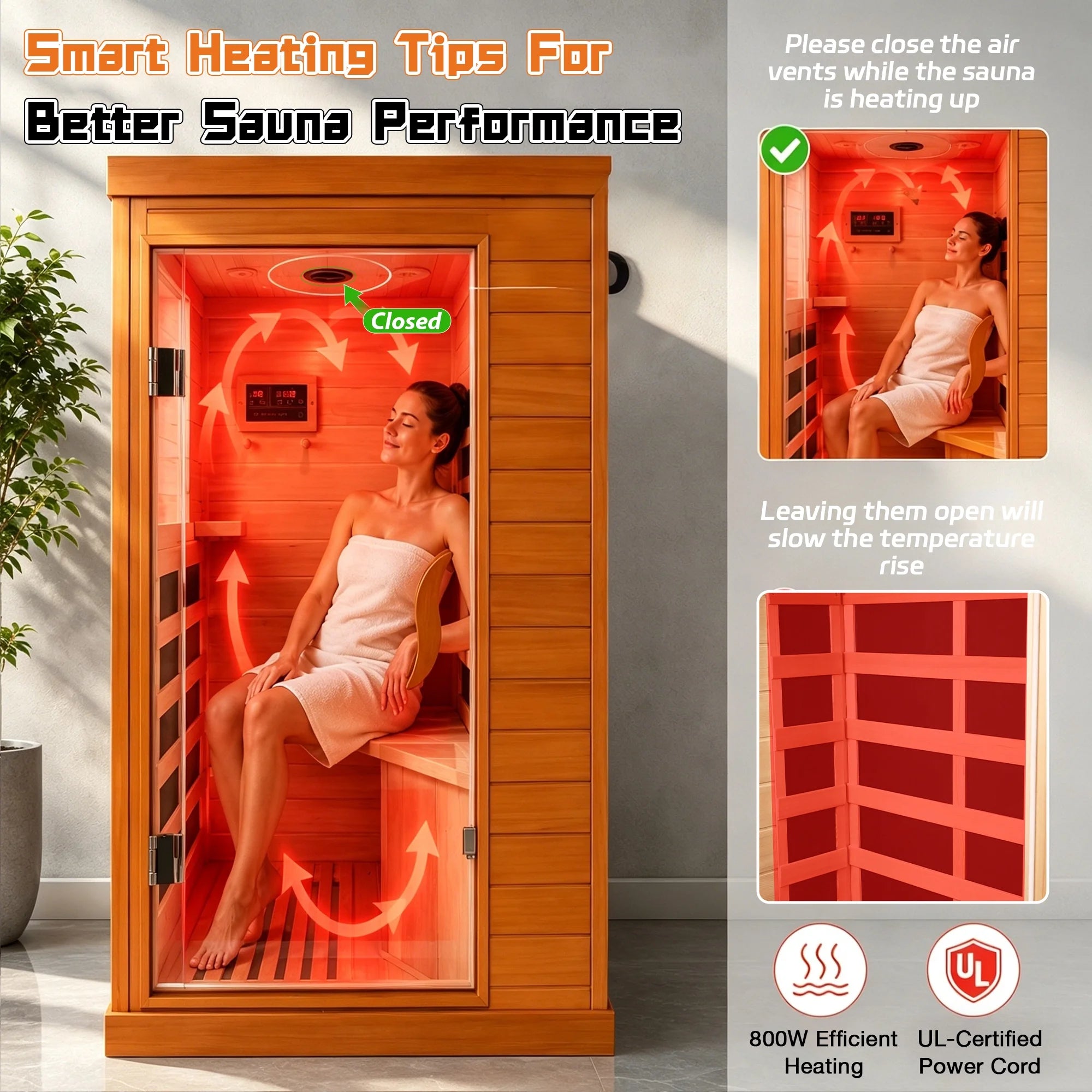 1 Person Far Infrared Sauna for Home, 800W Indoor Personal Sauna with 5 Heating Panels, Bluetooth Speaker, Tempered Glass Door, Control Panel, 110V UL Power Cord (Red-Brown)