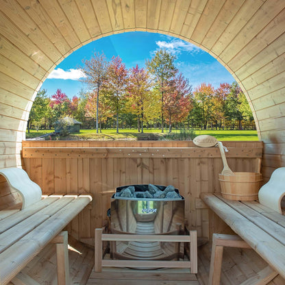 Woodbridge 2-Person Luxury Finland Thermo Pine Outdoor Barrel Sauna with Half View Window,Harvia Electric Heater with Sauna Stone, Sauna Accessories Kit and Asphalt Shingle Roof, 4'X6', OBS1812