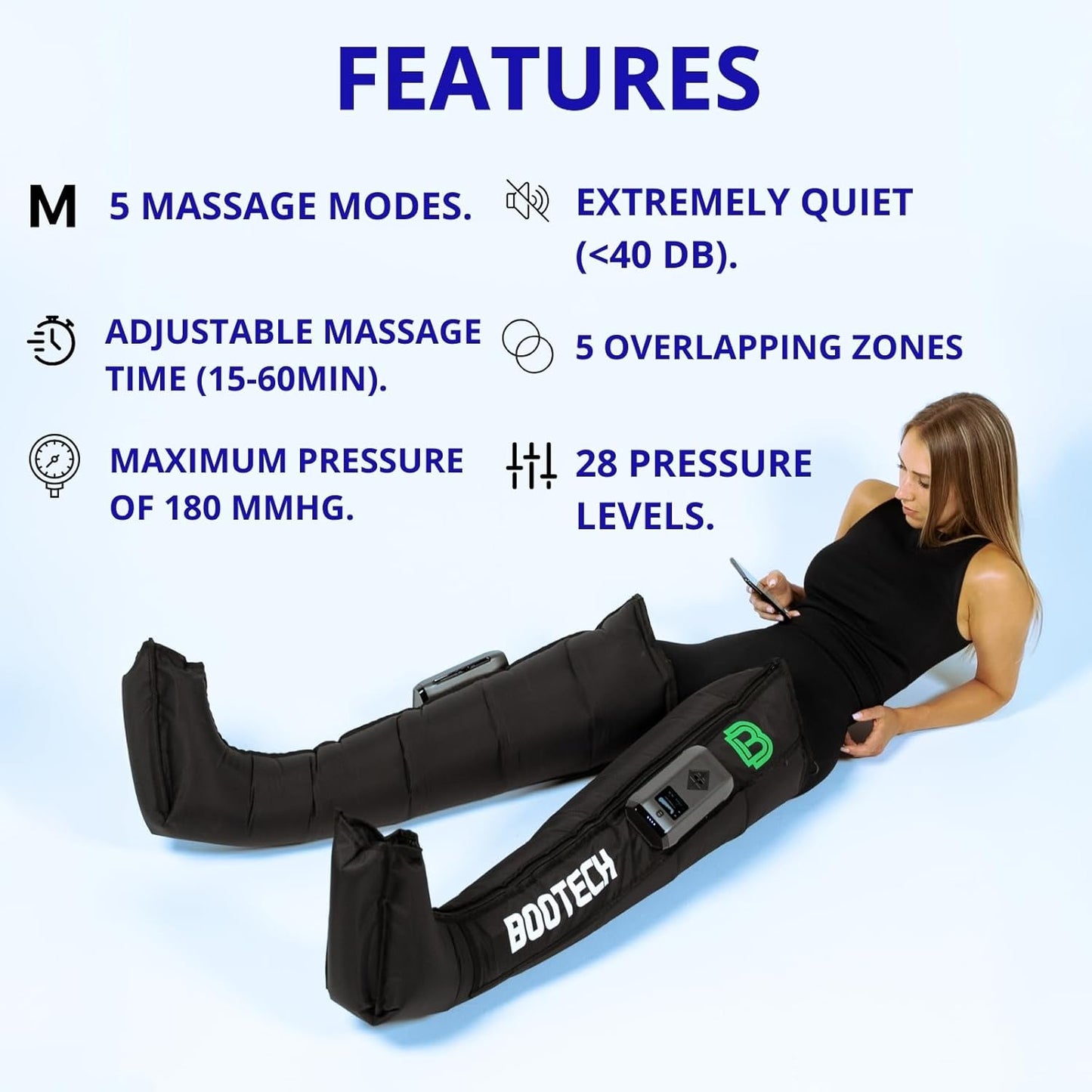 Leg Compression Recovery Boots for Circulation, Cordless Air Compression Therapy System Rechargeable Massage with 5 Modes, 5 Air Chambers, 3H Battery with Automatic Deflation Technology (M)