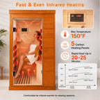 1 Person Far Infrared Sauna for Home, 800W Indoor Personal Sauna with 5 Heating Panels, Bluetooth Speaker, Tempered Glass Door, Control Panel, 110V UL Power Cord (Red-Brown)