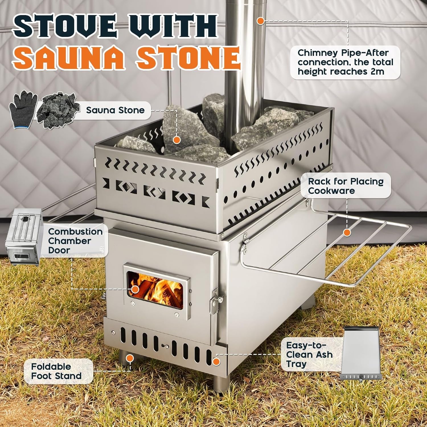 Outdoor Sauna Tent with Wood Burning Stove, 4-6 Person Portable Sauna Tent, 8.2 X 8.2 X 6.7 FT, 3-Layer Thermal Oxford Fabric, Pop-Up Setup, Open-View Windows, Ground Nails & Wind Ropes, Grey