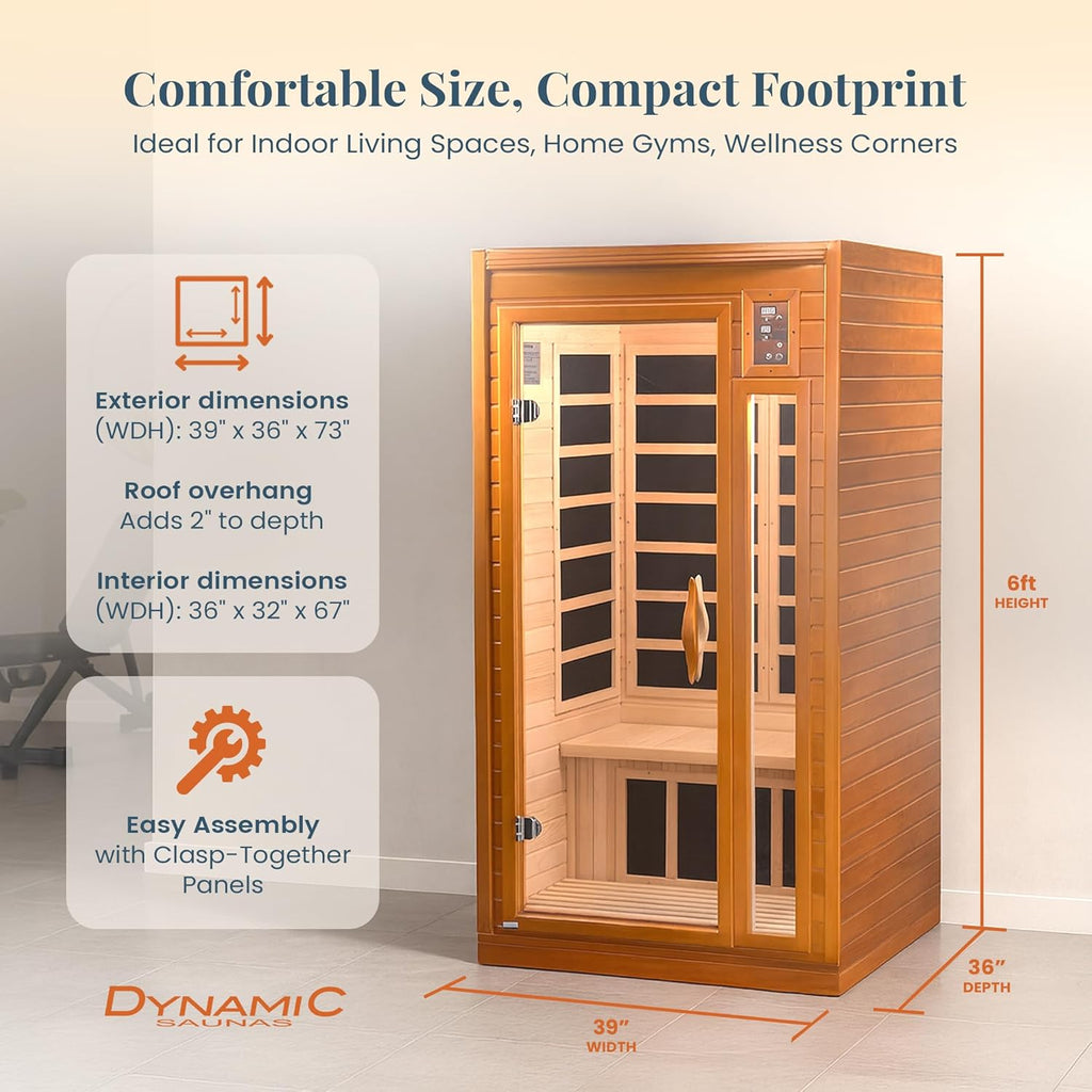 DYNAMIC SAUNAS Barcelona 1- to 2-Person Low EMF FAR Infrared Sauna with Red Light Therapy & Bluetooth Speakers | Personal Indoor Dry Heat Sauna for Home & Gym – Made from Canadian Hemlock