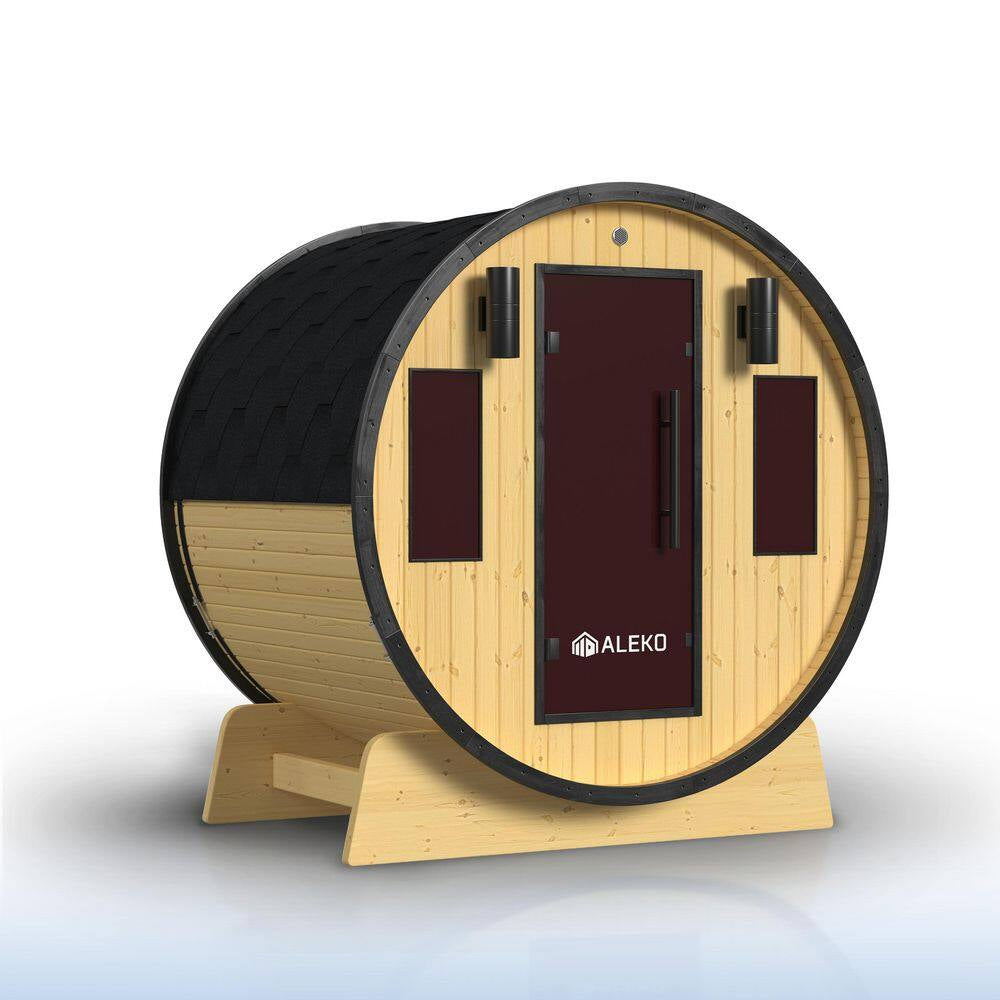 3-Person Capacity Outdoor White Finland Pine Wet/Dry Traditional Barrel Sauna with Black Accents