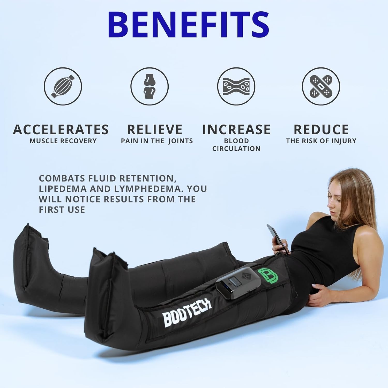 Leg Compression Recovery Boots for Circulation, Cordless Air Compression Therapy System Rechargeable Massage with 5 Modes, 5 Air Chambers, 3H Battery with Automatic Deflation Technology (M)