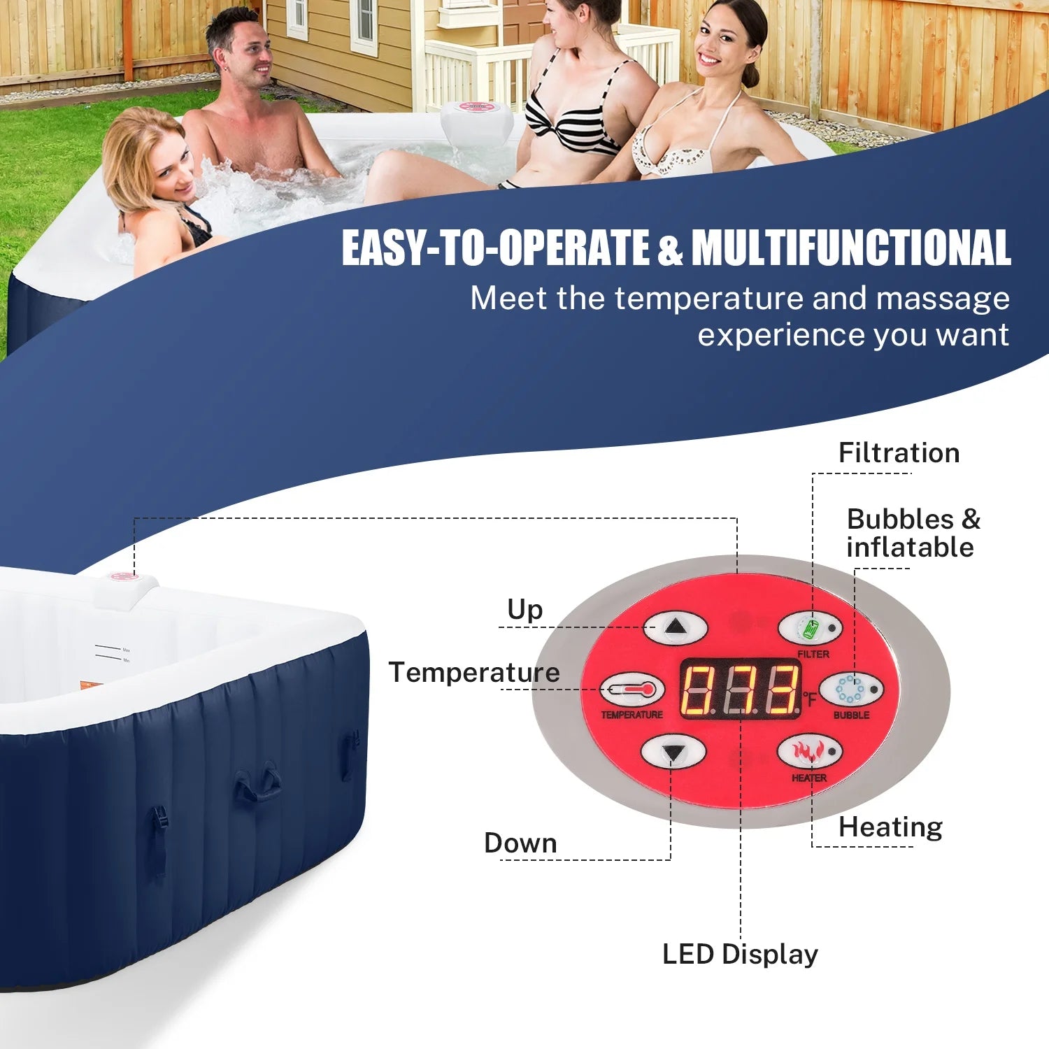 73'' X 73'' Inflatable Hot Tub Portable, Outdoor Massage Jets Home Spa Tub, Multifunction Hidden Pump, Cover, Storage Bag, Floor Mat, 4 Filters, 2 Cup Holder, Max 104℉, 910L