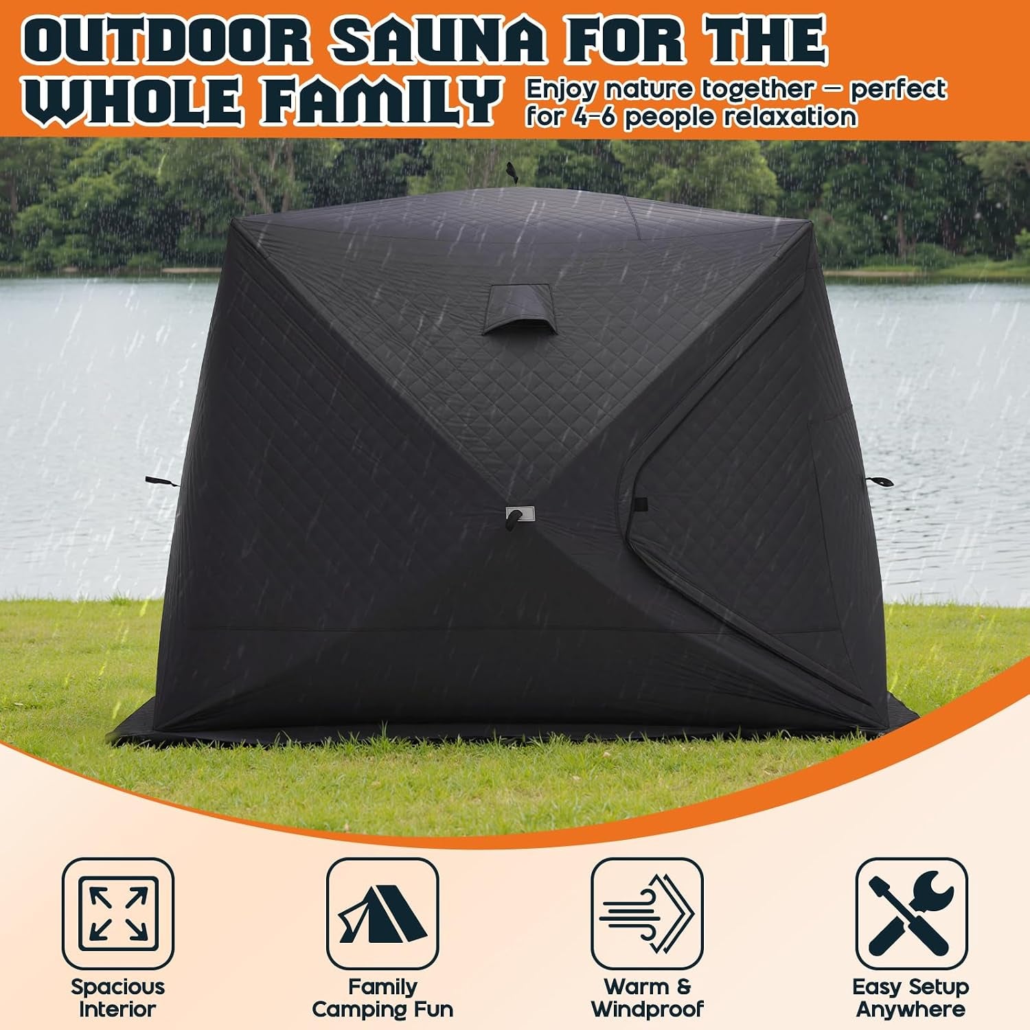 Outdoor Sauna Tent with Wood Burning Stove, 4-6 Person Portable Sauna Tent, 8.2 X 8.2 X 6.7 FT, 3-Layer Thermal Oxford Fabric, Pop-Up Setup, Open-View Windows, Ground Nails & Wind Ropes, Grey