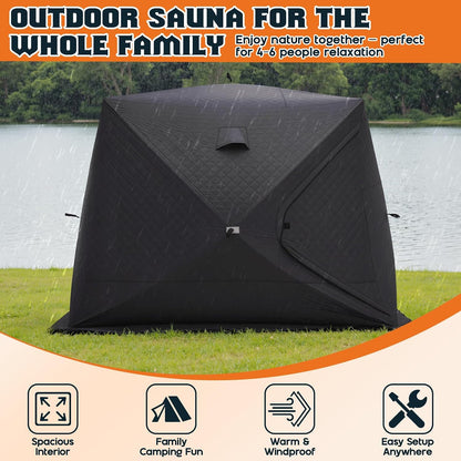 Outdoor Sauna Tent with Wood Burning Stove, 4-6 Person Portable Sauna Tent, 8.2 X 8.2 X 6.7 FT, 3-Layer Thermal Oxford Fabric, Pop-Up Setup, Open-View Windows, Ground Nails & Wind Ropes, Grey