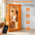 1 Person Far Infrared Sauna for Home, 800W Indoor Personal Sauna with 5 Heating Panels, Bluetooth Speaker, Tempered Glass Door, Control Panel, 110V UL Power Cord (Red-Brown)