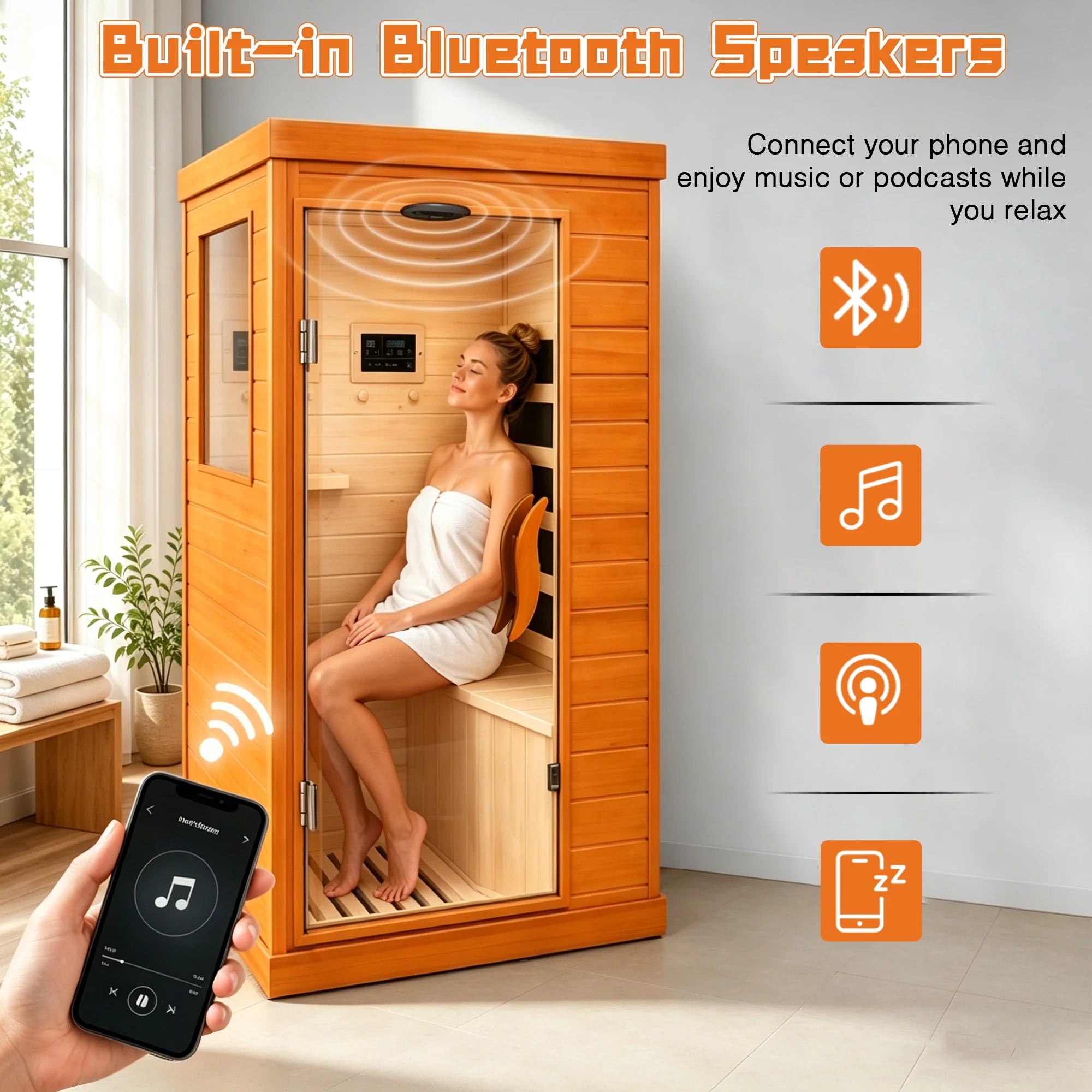 1 Person Far Infrared Sauna for Home, 800W Indoor Personal Sauna with 5 Heating Panels, Bluetooth Speaker, Tempered Glass Door, Control Panel, 110V UL Power Cord (Red-Brown)