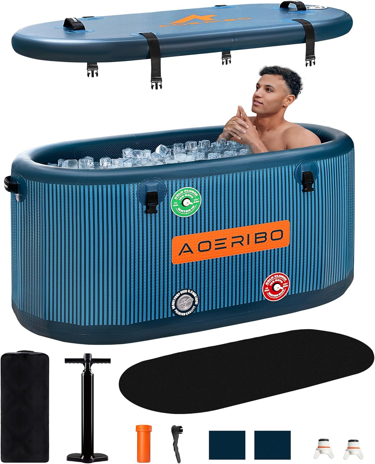 Inflatable 126 Gal XXL Oval Cold Plunge Tub, Superior Insulation, 8-Layered Portable Ice Bath Tub, Ice Plunge with Insulated Lid, Hand Pump, Eva Pad, Outdoor Use for Athletes, Adults