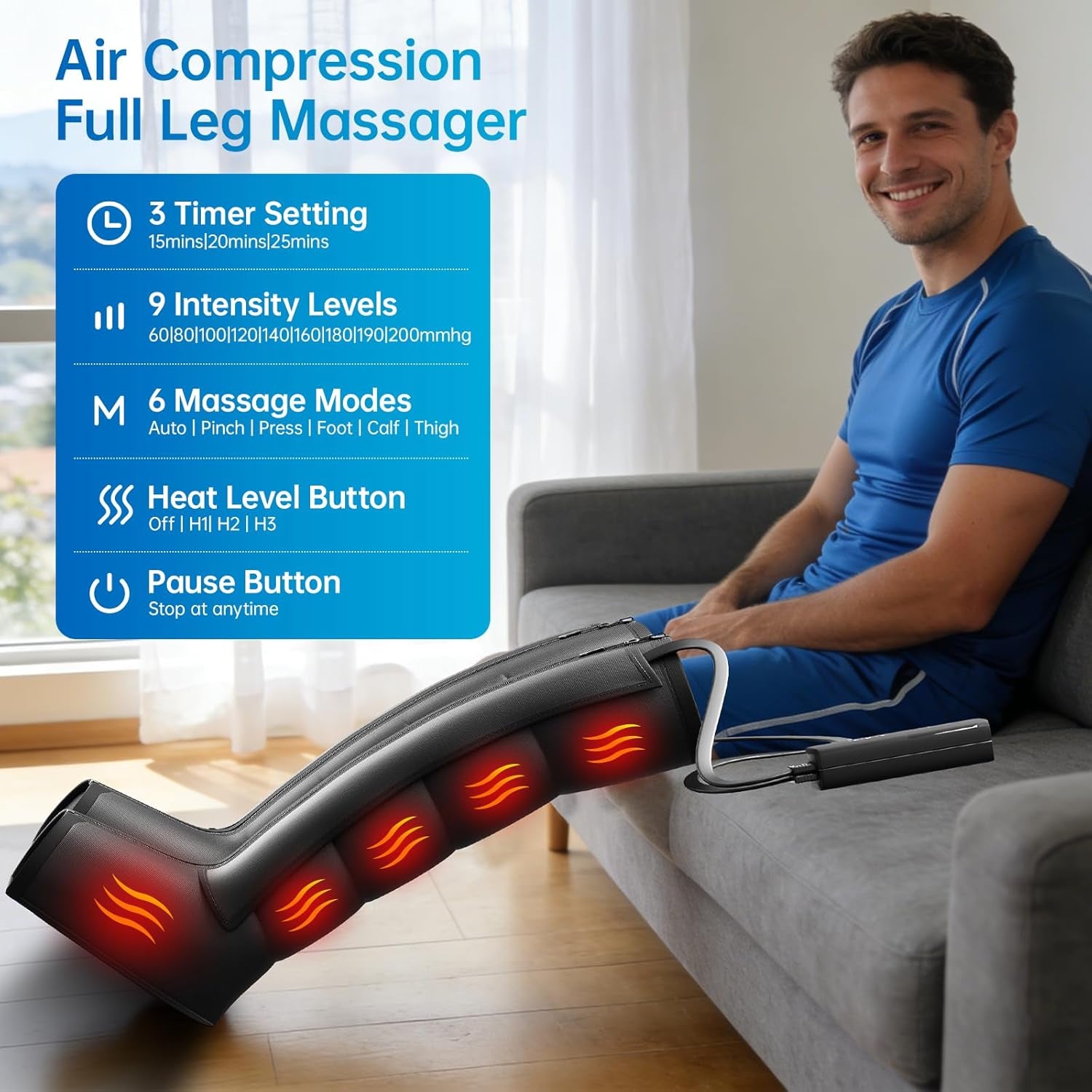 Air Leg Compression Massager Pro with Heat for Circulation and Pain Relief, Leg Recovery Compression System for Fast Recovery of Foot, Calf and Thigh, Relieve Edema, Reduce Muscle Fatigue